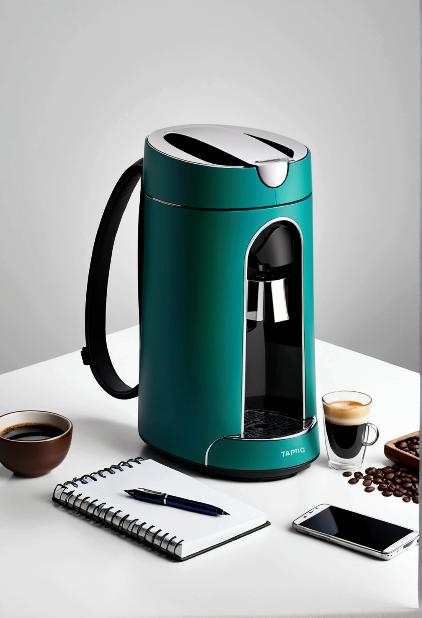 Cultural and creative design，Taiping Life Insurance Company，Coffee machine，Grinder，notebook，pen，Backpack，blue，green，Minimalism现代设计，Technology，Simplicity，Minimalism，

