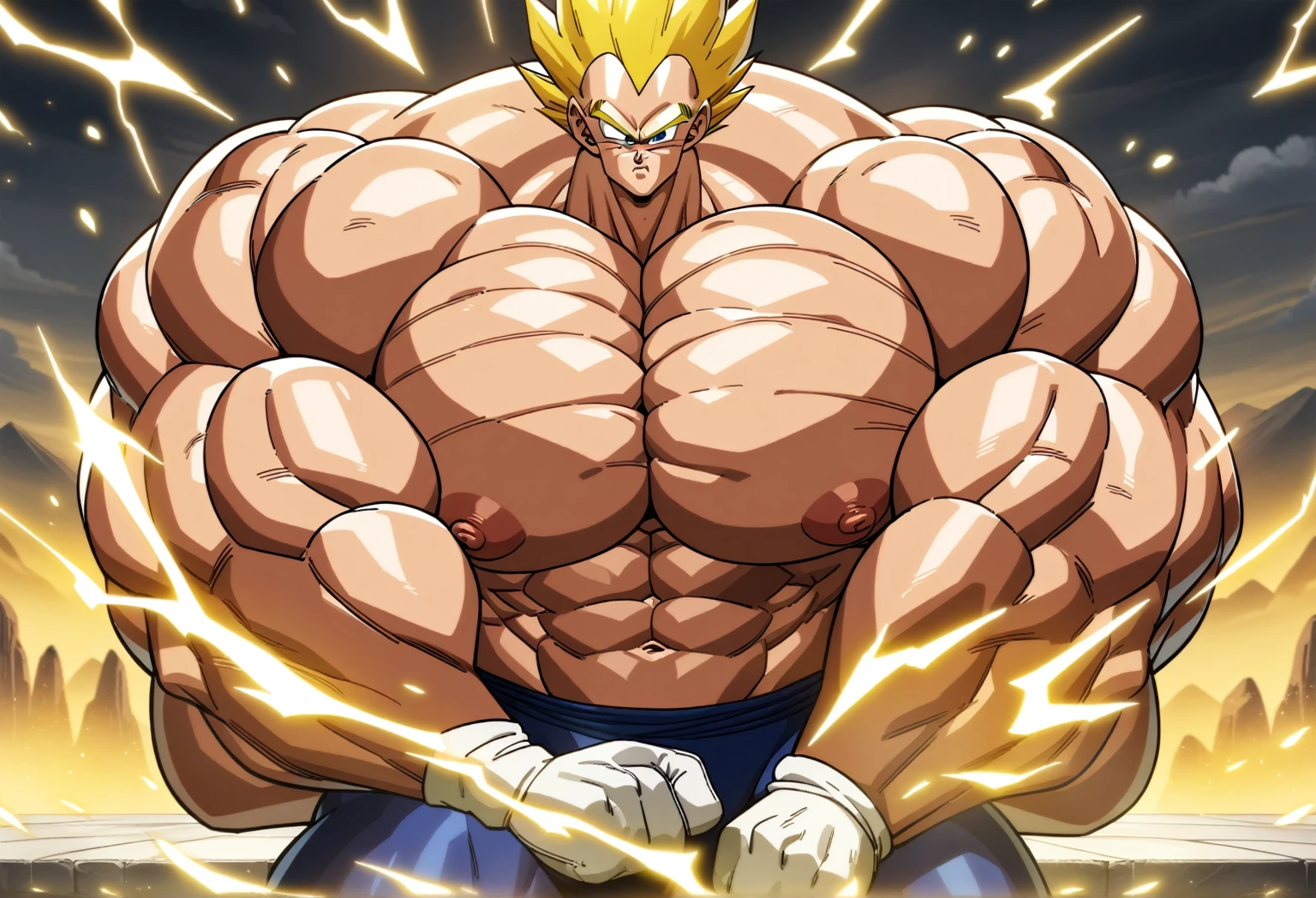 1boy, Vegeta, from Dragon Ball Z, masterpiece, best quality, very aesthetic, absurdres, saiyan, green eyes, spiked hair, (yellow hair:1.5), shirtless, blue skintight pants, white gloves, (huge muscles:2.5), dragonballartstyle, in the style of Akira Toriyama, white tiled floor, outdoors, flat-top mountains, nipples, yellow aura, electricity, white gloves, fists squeezed