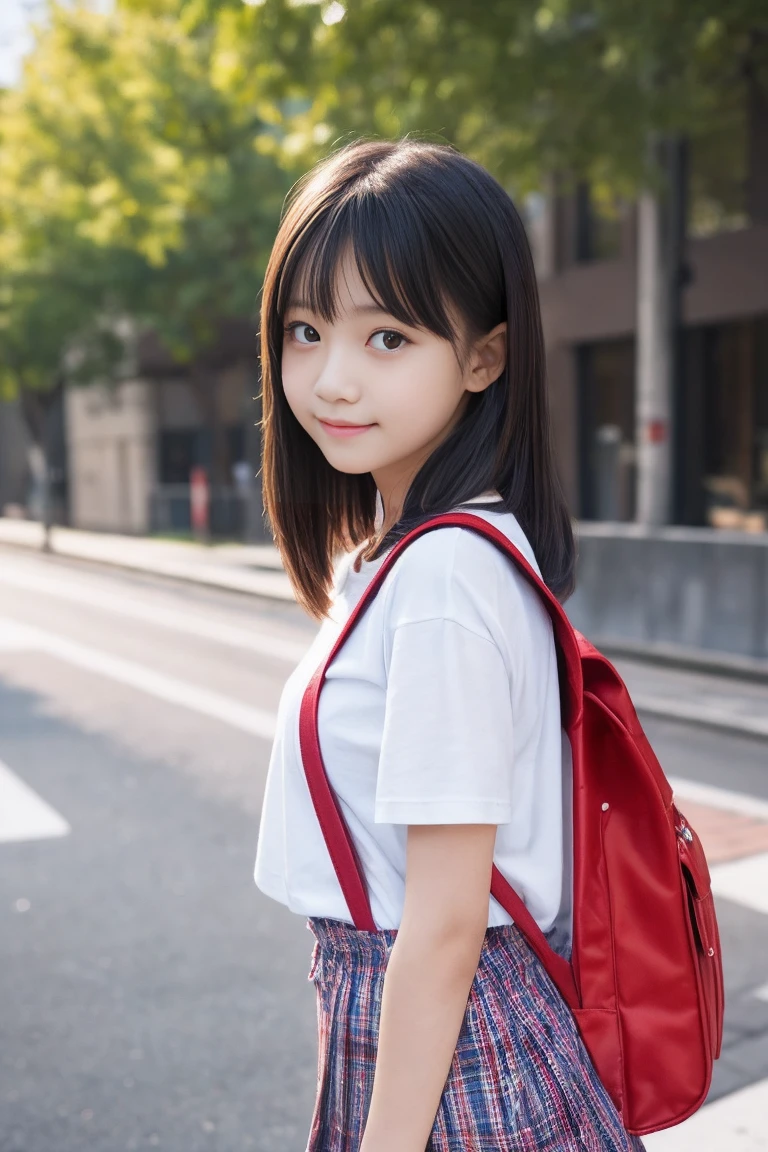 (8k),(masterpiece),(Japanese),(12 year old girl),((Innocent look)),((Childish)),from the front,smile,cute,Innocent,Kind eyes,Plain T-shirt,Short sleeve,Blue checked short skirt,(Carrying a red backpack),Straight hair,Hair blowing in the wind,Black Hair,Somewhat strong wind,noon,bright