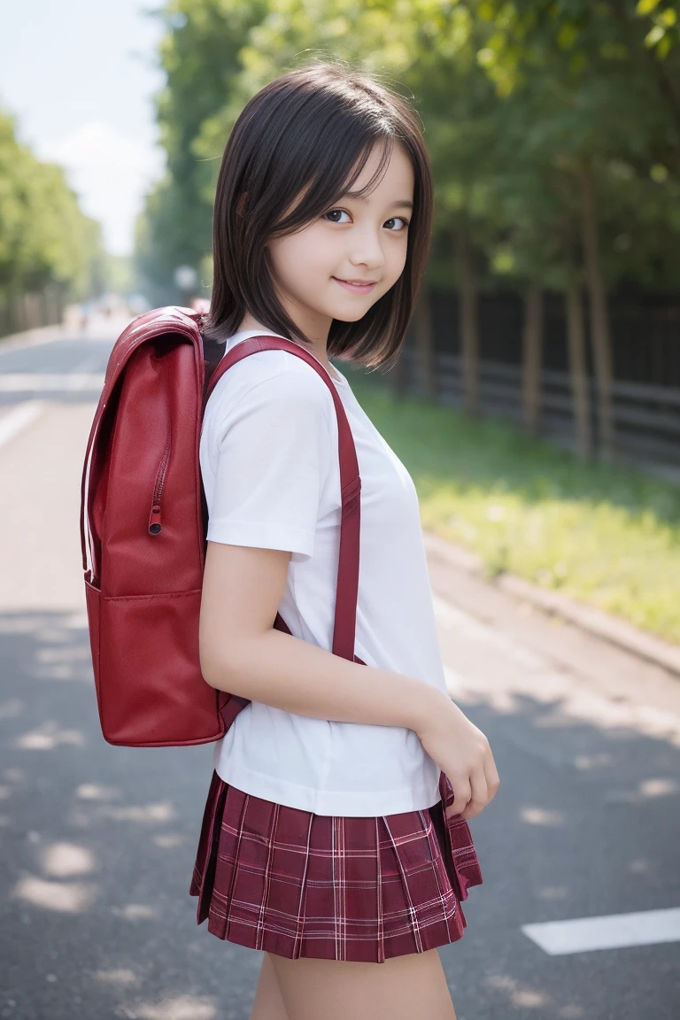 (8k),(masterpiece),(Japanese),( girl),((Innocent look)),((Childish)),from the front,smile,cute,Innocent,Kind eyes,Plain T-shirt,Short sleeve,Blue checked short skirt,(Carrying a red backpack),Straight hair,Hair blowing in the wind,Black Hair,Somewhat strong wind,noon,bright