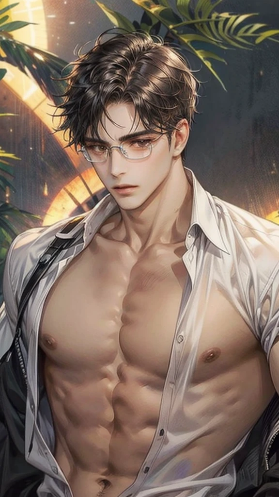 Male, black hair, hair parted in the middle, a scar on the right cheek, brown eyes, no shirt, muscular, large chest Wear glasses,8k ,Clear picture