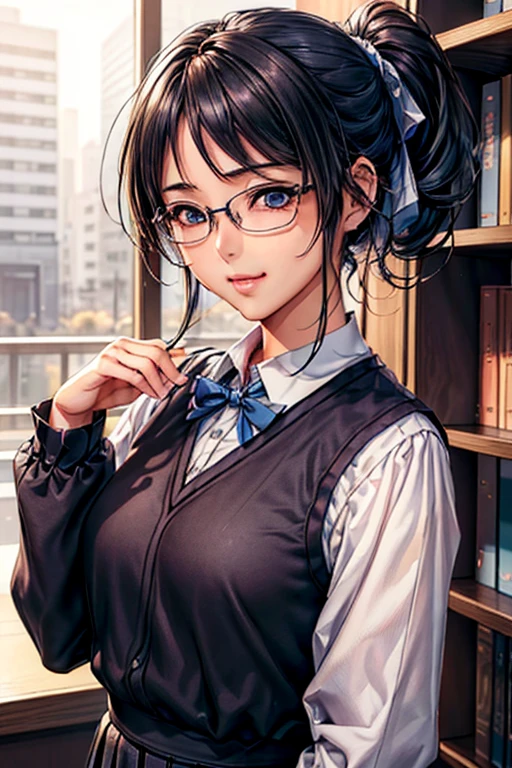 #基本
女of子がphotographofポーズをとっている, ((一人of女of子)), (((Baby Face:1.2)) + ((cute:1.3))),
#女of子がphotographofポーズをとっている, ((一人of女of子)), (((Baby Face)) + ((cute)) + 16 years old),
break
#Clothing Accessories
((黒of学生服:1.4) : (Student Blazer) + (Student vest) + Dress shirt + (赤ofネクタイ) + (Check Pleated Skirt) + (光沢ofある黒パンスト)), (Black Frame:1.1)of(Round Glasses:1.1), Black Loafers)
break
#Features
(Light blue hair:1.2), (Shoulder-length horizontal hair:1.2), (ponytail : Short Hair + Curly hair + ボサボサof髪 + Thin Hair + 赤of紐リボン),
(Droopy eyes, blue eyes), (Very small breasts),
break
#background environment
(noon, (学校of図書室, 本棚of側)),
#Facial Expression Pose
((smile), (Searching for a book on the shelf, Standing on tiptoes)),
#composition
((To the camera, 下からofフォーカス, Upper Body Shot)),
break
#体of部位of要素
(Slim figure),
(Detailed Hair, Beautiful Hair, Shiny Hair),
(double eyelid, Long eyelashes),
(細かい目of表現, Beautiful and delicate eyes, Sparkling eyes, 目of反射, Glitter Eyeliner),
(人間of耳),
(Beautiful Nose, Thin Nose),
(光沢ofある唇, Beautiful Lips, Thick lips, 光沢ofある唇, Natural Cheeks),
(Detailed face, 左右対称of顔立ち),
(Detailed skin, キメofある肌, Beautiful Skin, Glowing Skin),
break
#Quality Image Quality Common
(((Highest quality)), ((masterpiece)), ((Very detailed))), ((High resolution)), ((16K,1080P)),
(Anatomically correct), (Realistic), (3DCG),
#Quality image illustration
((comics, anime)), CG illustration,
#Quality image quality realistic
#(photo-Realistic:1.37), (Photorealistic), ((RAWphotograph)), (photograph),