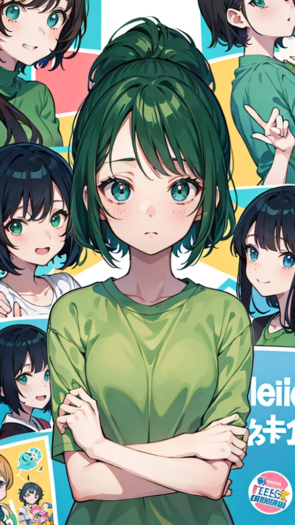 Poster of a young woman wearing a green shirt and with many different faces., Anime pictures of cute girls, anime cover, Today's featured anime is still there., anime moe art style, in anime style, Hot anime artwork, in anime style, By Shinoda Toko, Official anime artwork, flat style anime, Hot anime art, best anime girls, Anime style illustrations