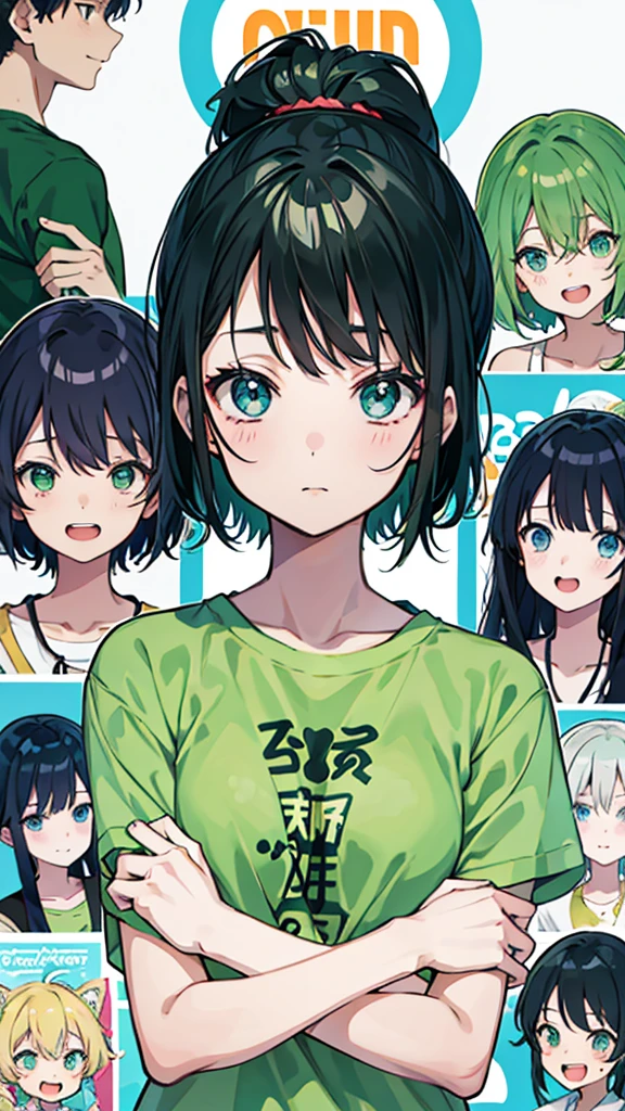 Poster of a young woman wearing a green shirt and with many different faces., Anime pictures of cute girls, anime cover, Today's featured anime is still there., anime moe art style, in anime style, Hot anime artwork, in anime style, By Shinoda Toko, Official anime artwork, flat style anime, Hot anime art, best anime girls, Anime style illustrations
