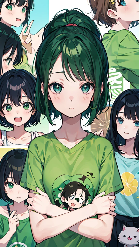 Poster of a young woman wearing a green shirt and with many different faces., Anime pictures of cute girls, anime cover, Today's featured anime is still there., anime moe art style, in anime style, Hot anime artwork, in anime style, By Shinoda Toko, Official anime artwork, flat style anime, Hot anime art, best anime girls, Anime style illustrations
