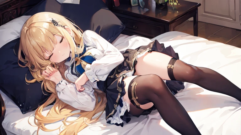 super high quality, Super detailed, one person, long blonde hair, sleep, Clothes with intricate details, mini skirt, Stockings