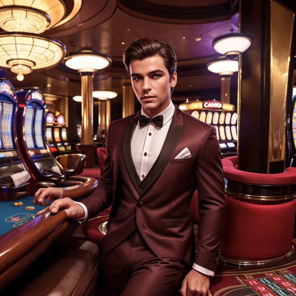 (best quality, 4K, masterpiece :1.3), masculin man, 1 men, dark brown hair: 1.1, Full Body ( Super detailed face, Detailed lips, delicate eyes, double eyelids, Wearing casino uniform