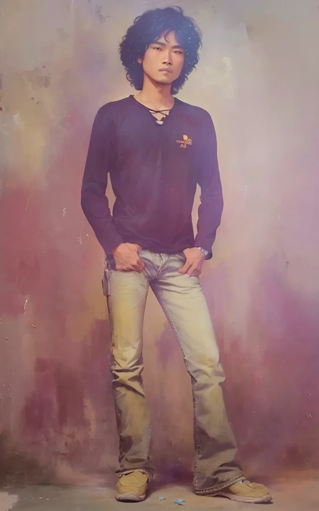 Masterpiece, Standing Malay man, 30 years old, slightly curly black hair, wearing a similar black t-shirt, light blue jeans, shoes, two hands in his trouser pockets, hyperrealistic, sufficient lighting