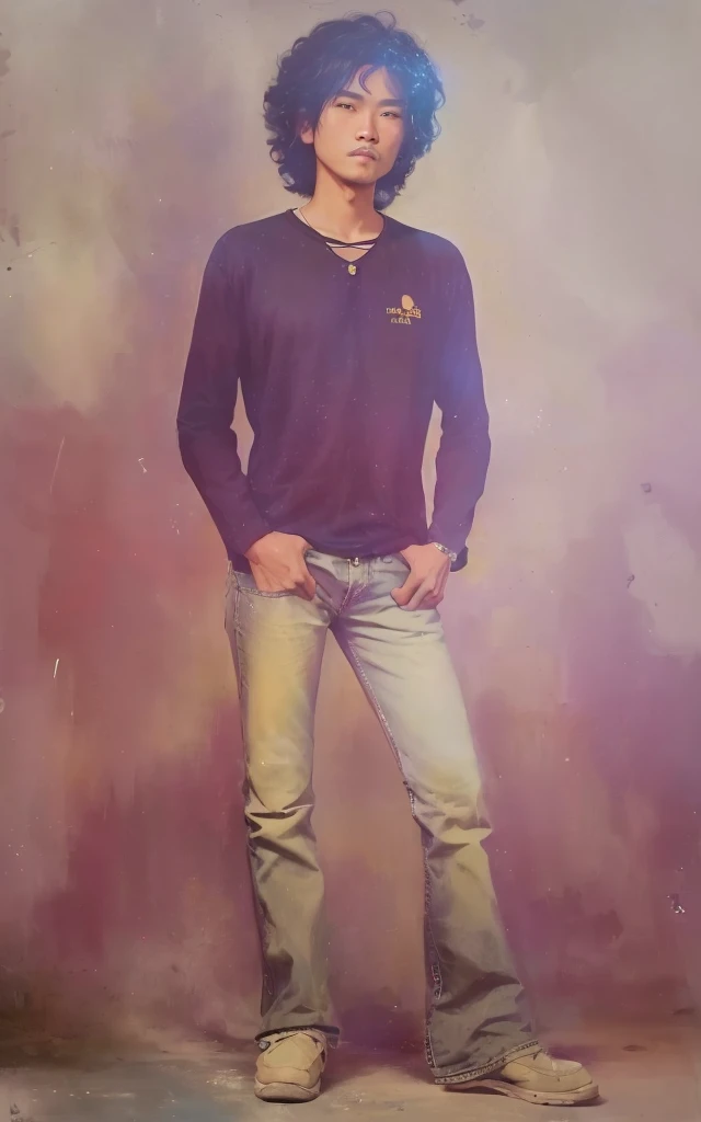 Masterpiece, Standing Malay man, 30 years old, slightly curly black hair, wearing a similar black t-shirt, light blue jeans, shoes, two hands in his trouser pockets, hyperrealistic, sufficient lighting
