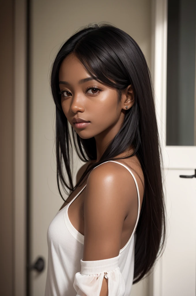 A woman with dark skin, with dark brown eyes, long black hair