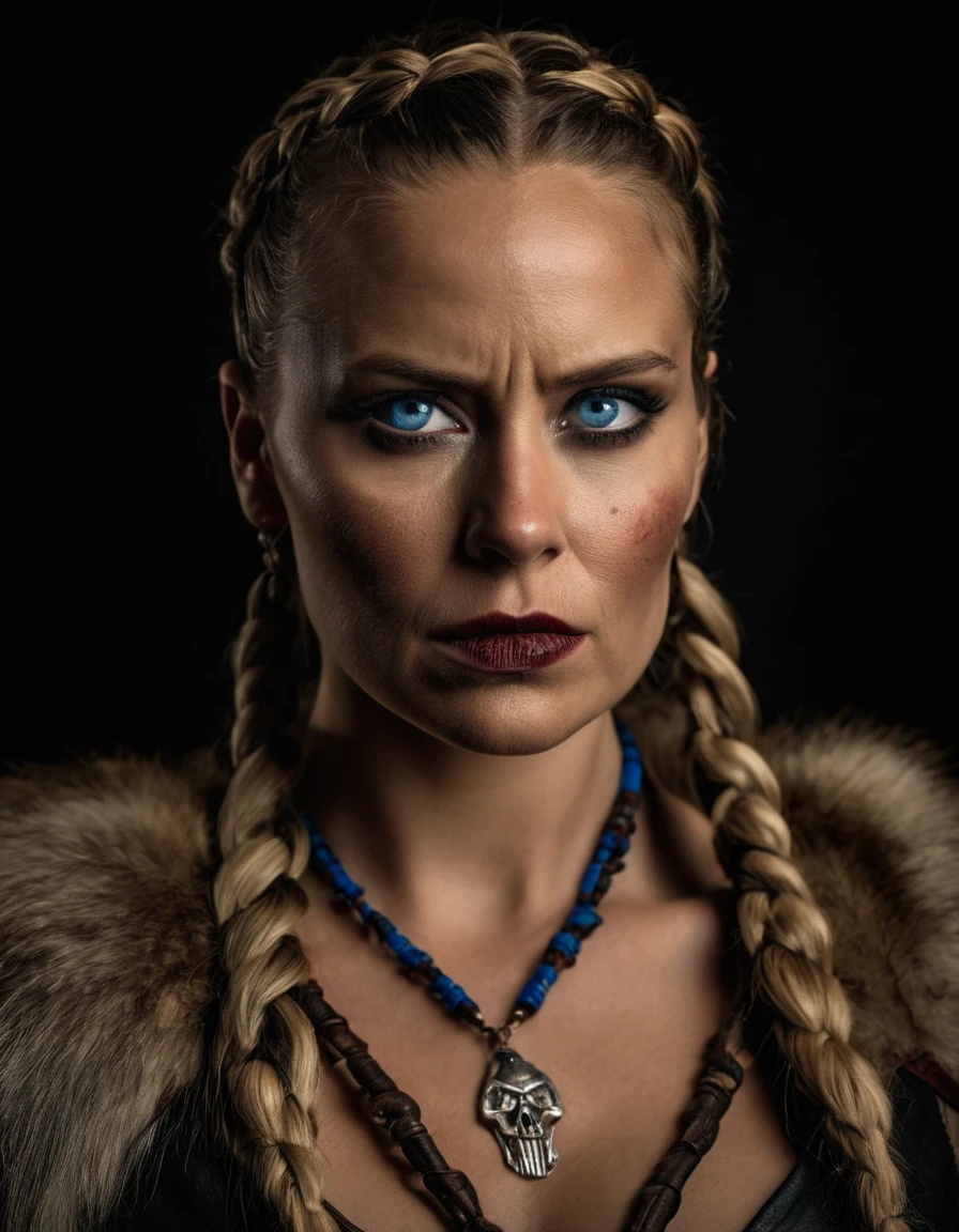 cinematic film still dramatic side lighting, dramatic intense stare closeup portrait, dark black background, hdr, dramatic beautiful warrior woman with warrior face paintings and blood, viking braids, blue eyes, pelt, skull necklace, shallow depth of field, vignette, highly detailed, high budget Hollywood film, cinemascope, moody, epic, gorgeous
