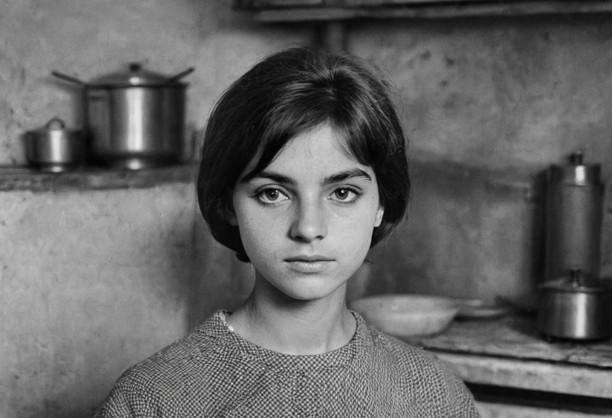 Black and white 1960s italian young woman photo, half body, looking at the camera, kitchen, indoor, low resolution, faded color, film grain, photo scratches, scratch effect, facing the camera, blurred, worn out photo