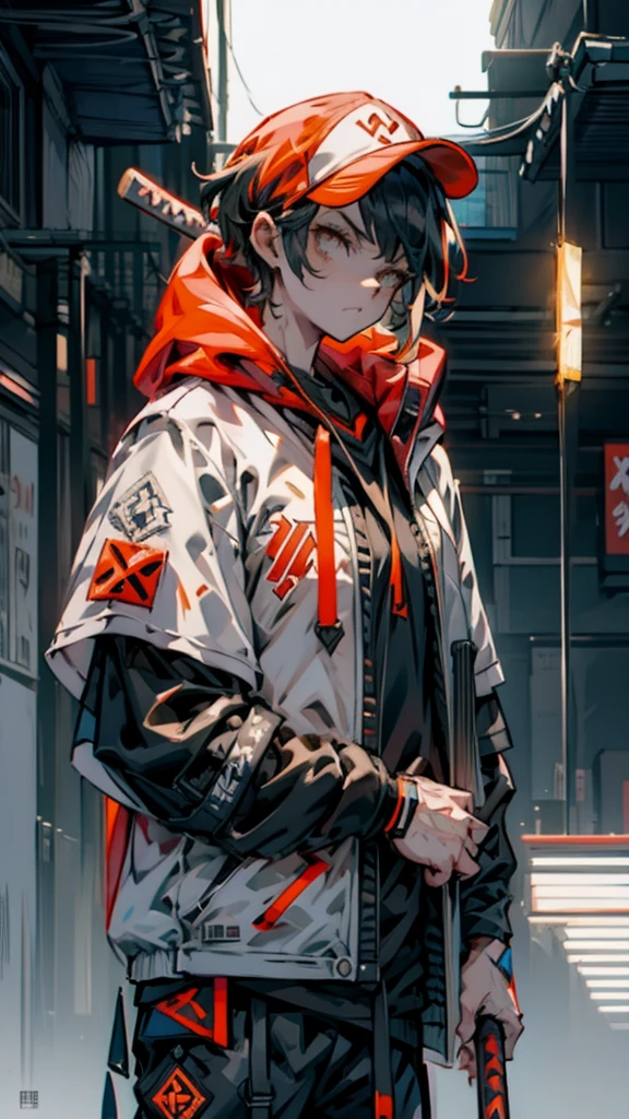 Holding a baseball bat, Alley, Condescending Gaze, builtupnecklinehoodie, look down, Glare, baseball bat, swing a baseball bat, cinematic lighting, UHD, best quality, highres, 8k