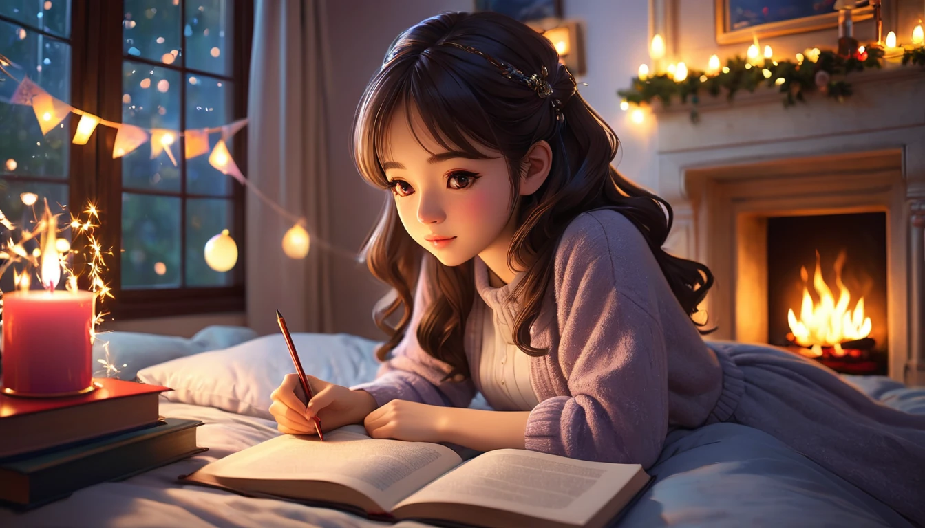 very beautiful girl studying on the cozy bed in the bedroom, dim atmosphere, fire place, birthday theme ornaments