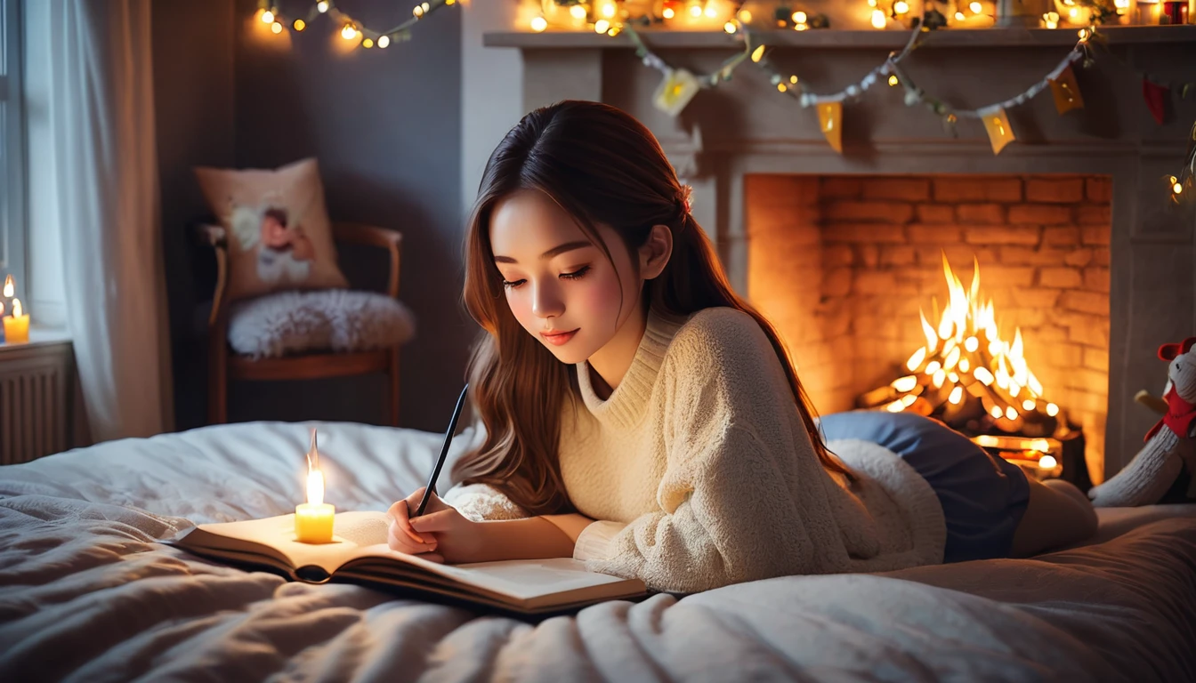 very beautiful girl studying on the cozy bed in the bedroom, dim atmosphere, fire place, birthday theme ornaments