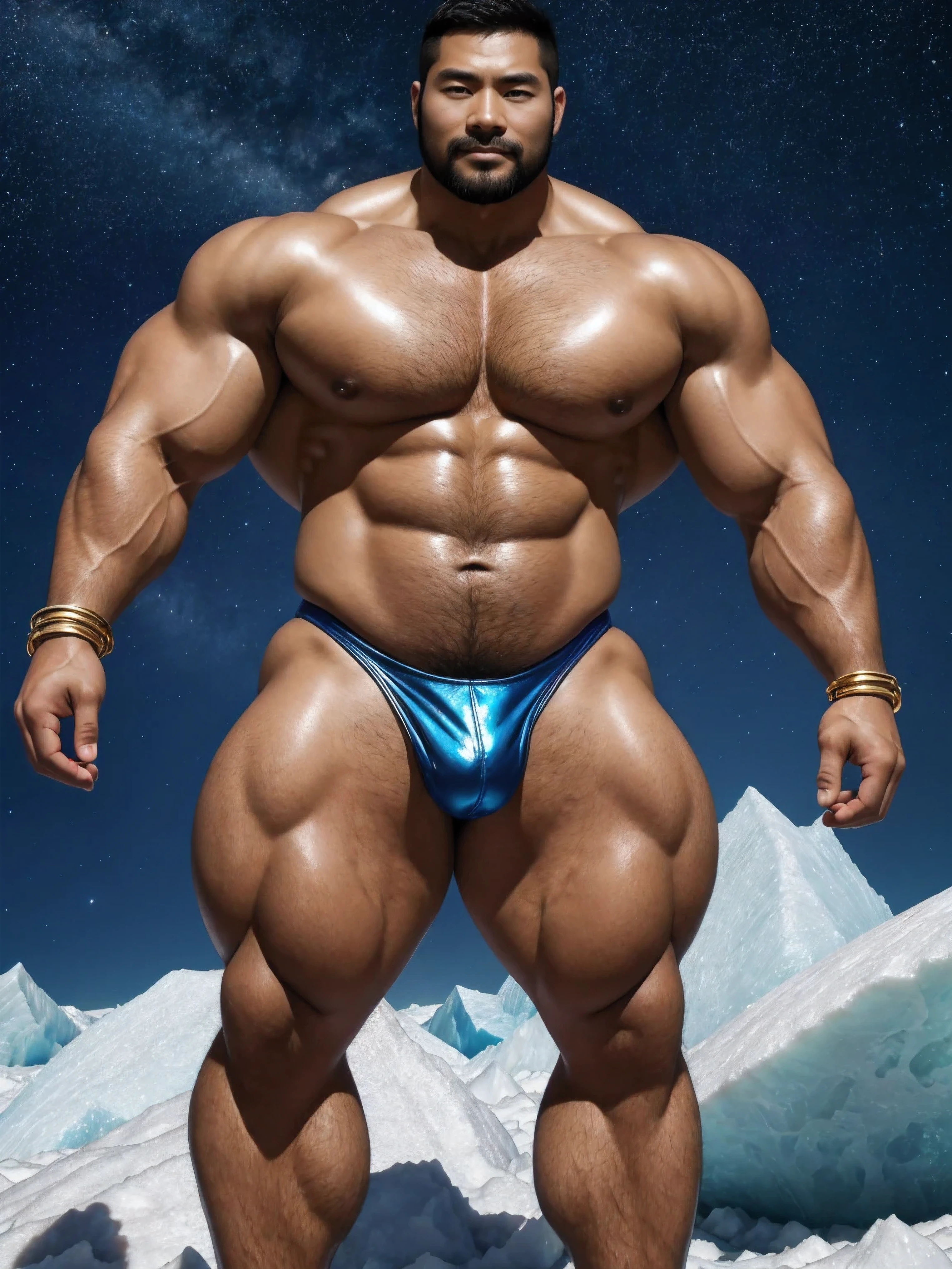 There is only one handsome Chinese man in the photo,35 years old,tall, Fitness,Smooth body,Smooth skin,No chest hair,short hair, O-Shaped Beard,Perfect body, Dark skin color,Radiant Skin,Smooth skin,Shiny, shiny skin,Smooth pectoral muscles,Muscle bulge, muscular, Very large pectoral muscles,Very sexy abdominal muscles,Very well-developed leg muscles,Huge concave and convex area,Brightens oily skin,Wearing a shiny gold leather thong,Handsome face,Normal human toes,Correct and accurate male body proportions,Gold Collar,Gold bracelet,Gold anklets,Stand on a glacier,Night sky,A sky full of stars,There are auroras,Colorful,Charming dream scene,Epic。