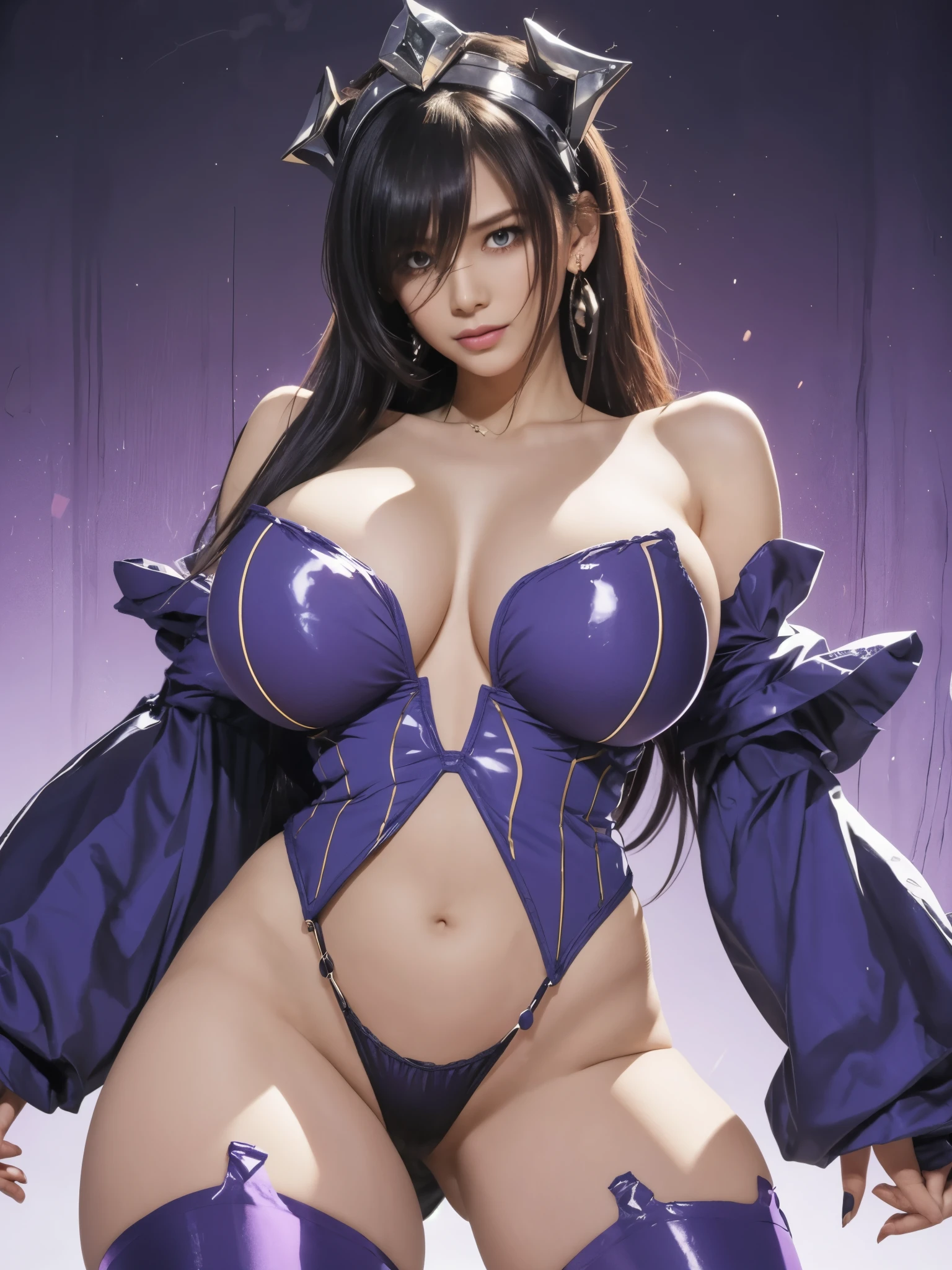 1girl, revealing clothes, gigantic breasts, thighs, bare shoulder, hair over one eye, very very long hair, straight black hair, yellow eyes, dark skin, dark-skinned female, detached sleeves, purple sleeves, highleg panties, thong, purple thighhighs, shiny, shiny skin, headpiece, jewelry, earrings, multiple earrings,