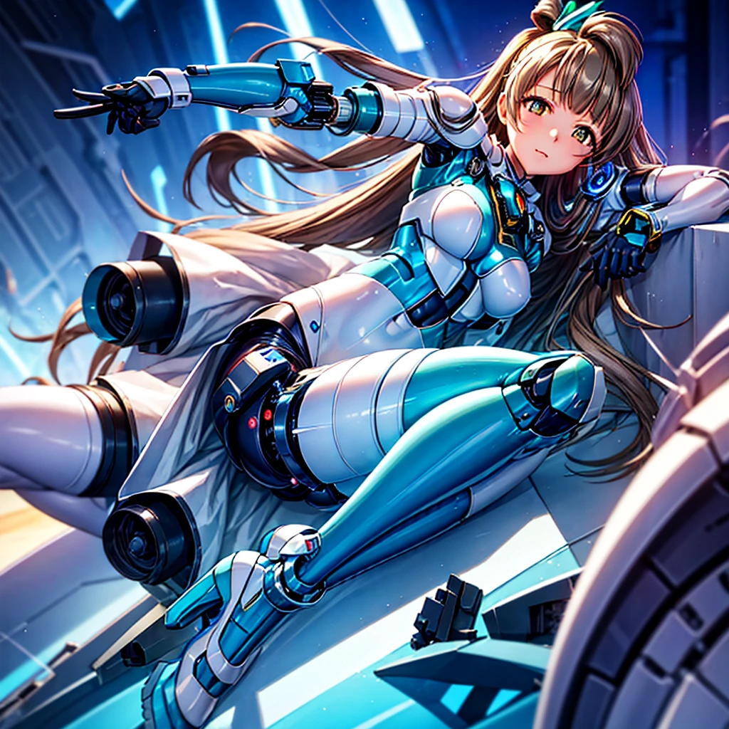 masterpiece, high quality, During the mechanized modification operation、Minami Kotori, who has been turned into a mechanical body cyborg、Gynoid cyborg body modification surgery、Blue and white leotard armor、The whole body from the neck down is precision-machined.、Single image、from the front,Put the whole body