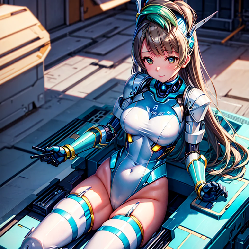 masterpiece, high quality, During the mechanized modification operation、Minami Kotori, who has been turned into a mechanical body cyborg、Gynoid cyborg body modification surgery、Blue and white leotard armor、The whole body from the neck down is precision-machined.、Single image、from the front,Put the whole body