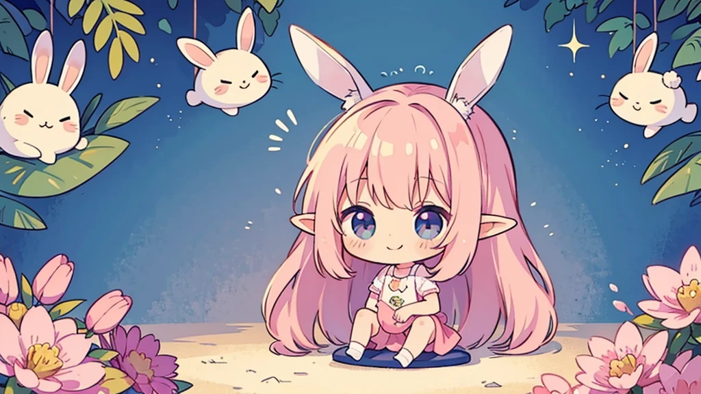 Bunny ears、Chibi Girl Elf、Waiting or sitting down to rest、Pink pop room、 smile