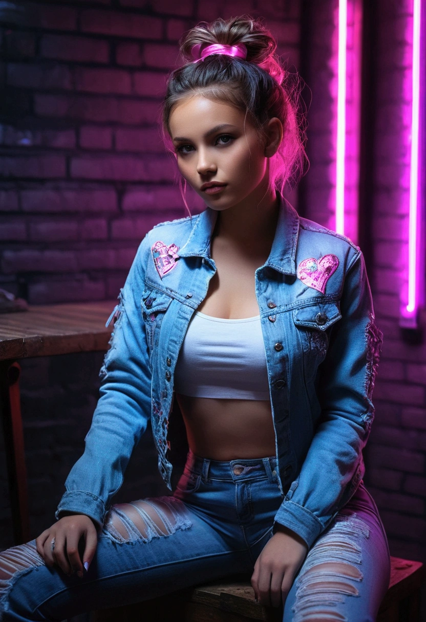 (masterpiece), (extremely intricate:1.3), (Realists), Full body picture of a young woman, the most beautiful in the world, large , Silikonbrüste large, sexy pose sitting with legs wide apart in front of PC with purple neon lights (Jeans ripped, Belly-free, Top & Jeansjacke), Hair tied with pink and purple ribbons, punkstyle, otherwise dark room with black brick wall, Neon lights, indoors, intense neon light, Professional photo of a stunning woman detailed, keen focus, dramatic, Award-winning, cinematic lighting, Oktan-Render Unreal Engine, Volume measurement DTX, (film grain, blurred background)