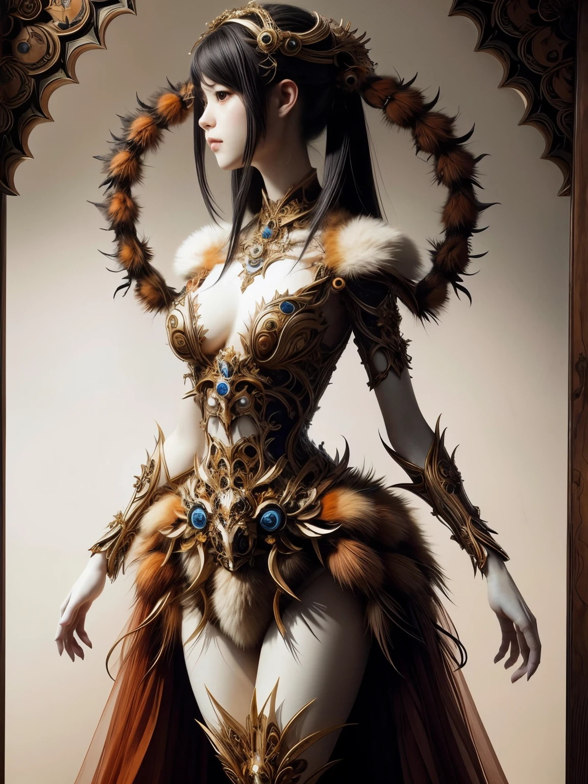 (high quality), (masterpiece), (detailed), 8K, Hyper-realistic illustration portrays (Japanese girl1.3) with delicate features, adorned in elaborate (tarantula attire1.2) that appears to crawl across her skin. (Soft focus1.2) and (exquisite textures1.3) create a sense of realism, highlighting the artist's mastery. In style of Hajime Sorayama, trending on DeviantArt.