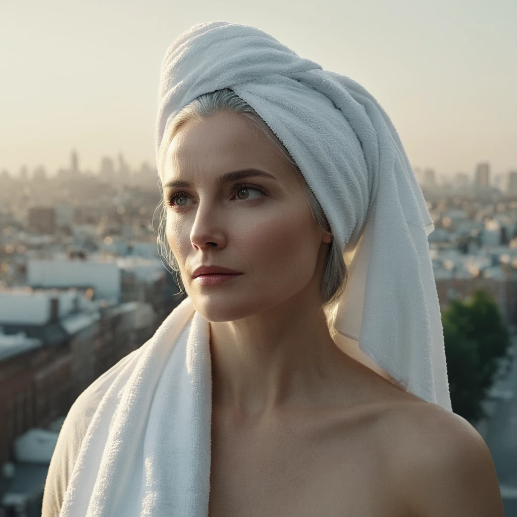 cinematic film still of bright light, bright, a woman with a white towel on her head High-key lighting Style, 1girl, solo,long hair,gray hair, elder, 50 years old, looking at v iewer, city background, city background,bare shoulder s,white hair,lips,makeup,pale skin,realistic,white them e, shallow depth of field, vignette, highly detailed, high budget, bokeh, cinemascope, moody, epic, gorgeous, f ilm grain, grainy