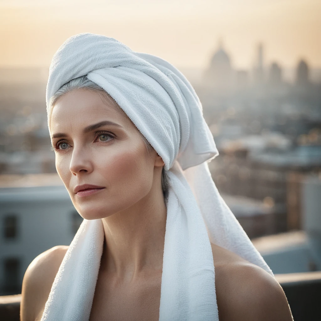 cinematic film still of bright light, bright, a woman with a white towel on her head High-key lighting Style, 1girl, solo,long hair,gray hair, elder, 50 years old, looking at v iewer, city background, city background,bare shoulder s,white hair,lips,makeup,pale skin,realistic,white them e, shallow depth of field, vignette, highly detailed, high budget, bokeh, cinemascope, moody, epic, gorgeous, f ilm grain, grainy