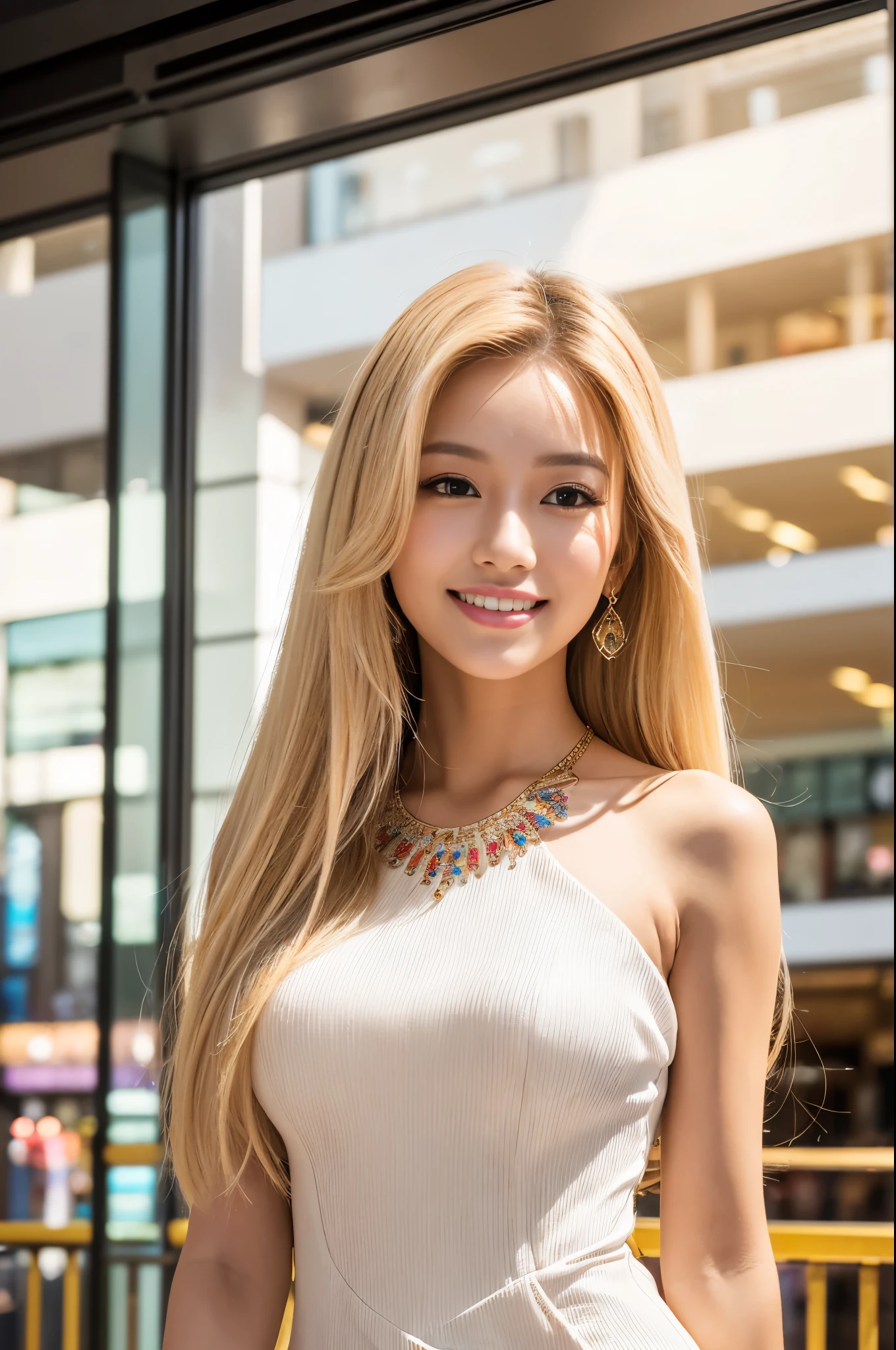 (best quality, 4k ,8k, highres, masterpiece:1.2), ultra-detailed, (realistic, photorealistic, photo-realistic:1.37), closeup, beautiful Thai woman, (slim girl), (happy smile), long lashes, beautiful makeup, platinum blonde hair, fair skin, slender figure, elegant posture, wearing large sparkling colorful jewelery, wearing a business style leather dress, standing in a large shopping mall, gentle sunlight shining through the shopping mall windows, casting a soft glow on her face, adding warmth to the scene, vibrant colors, capturing the essence of vibrant city life, portrait style, showcasing her natural beauty and grace in a feminine way