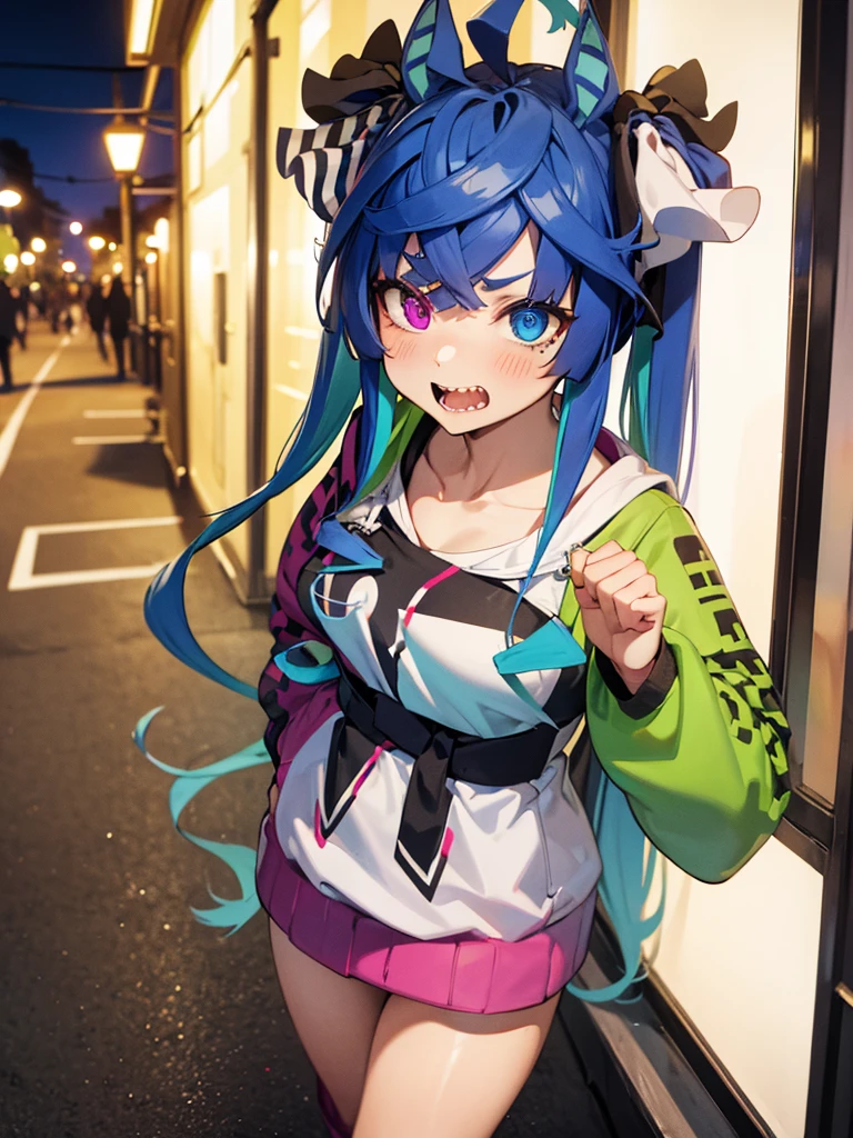 (Masterpiece, best quality, high res、highly detailed cg: 1), A very aggressive streetwalker with vulgar and unrefined manners and attire, forcefully soliciting a man. The man is a faceless background character. The scene is set on a quiet, sparsely populated street at night, with the streetwalker as the main focus. Twin_Turbo_Umamusume, aqua hair, twintails, heterochromia, purple eyes, blue eyes, sharp teeth,hores tails, nsfw, bitch, Seduction, Slutty face, 'Hey, hey, hey! You're looking for a girl to fuck anyway, aren't you?’
