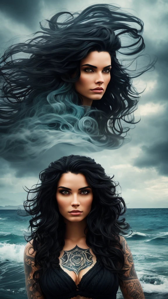 A mysterious woman with wavy black hair and a realistic tattoo of a ghost ship on her right eye, The background can be a stormy sea, a busy harbor, or a tropical beach, complementing the image.