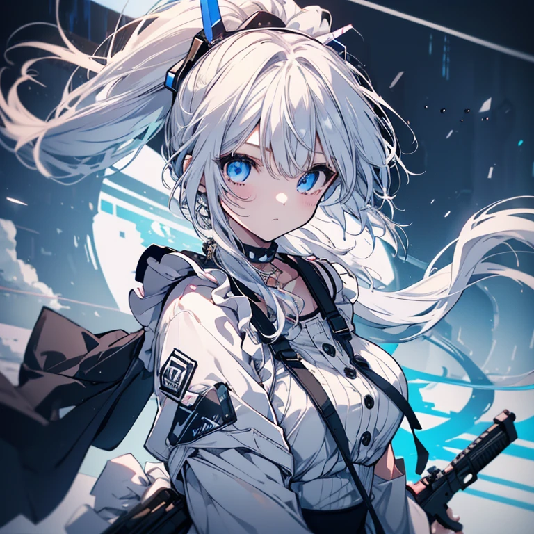 1 girl、Mature、Ample breasts、Long Hair、Blue Eyes、White Hair、Hair blowing in the wind、Look to the side、ponytail、ハイponytail、Maid clothes、cyber punk、Near future、Miniskirt、Holding a rifle、Pointed handbag、Cinema Lighting、Like a jewel、choker、Bust-up perspective、High resolution、Highest quality