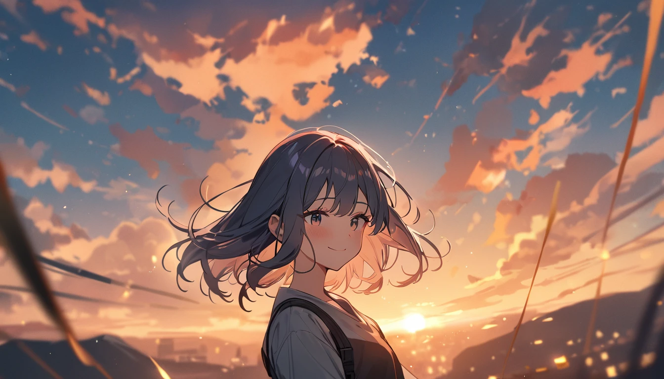 masterpiece, Highest quality, Movie stills, 1 Girl, Cloud Girl,Two Girls , Floating in the sky, close, bright, smile, Warm and soft lighting, evening, (spark:0.7)