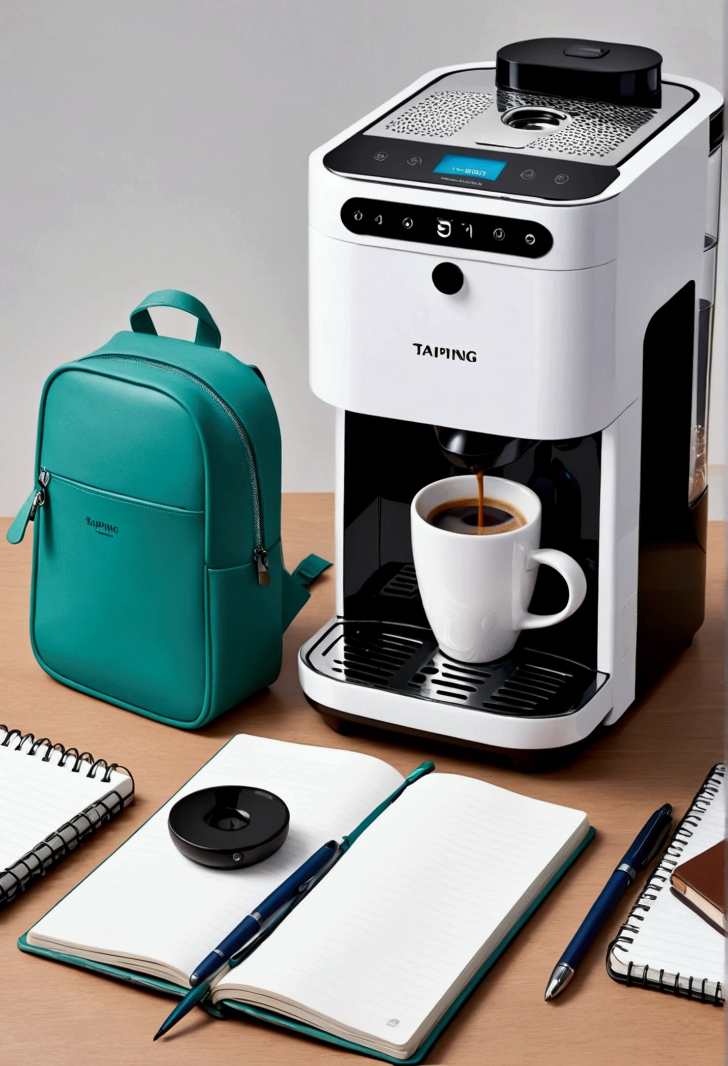 Cultural and creative design，Taiping Life Insurance Company，Coffee machine，Grinder，notebook，pen，Backpack，blue，green，Minimalism现代设计，Technology，Simplicity，Minimalism，

