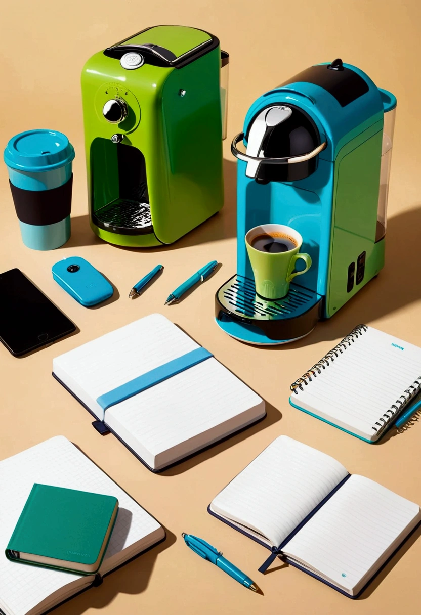 Cultural and creative design，Taiping Life Insurance Company，Coffee machine，Grinder，notebook，pen，Backpack，blue，green，Minimalism现代设计，Technology，Simplicity，Minimalism，

