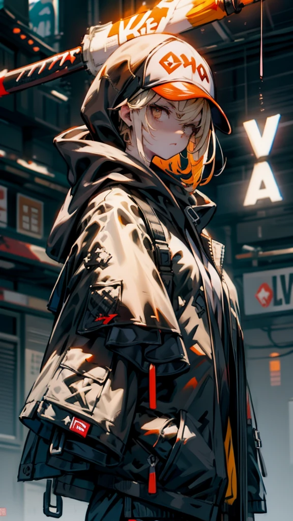 Holding a baseball bat, Alley, Condescending Gaze, builtupnecklinehoodie, look down, Glare, baseball bat, swing a baseball bat, cinematic lighting, UHD, best quality, highres, 8k