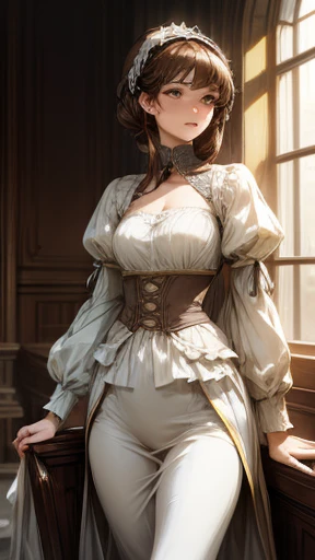 Miss Elizabeth Bennet, a young woman of attractive and slender appearance, well proportioned figure. she has a light complexion, Dark, Expressive eyes that transmit their liveliness and intelligence., and brown hair. England, 1810