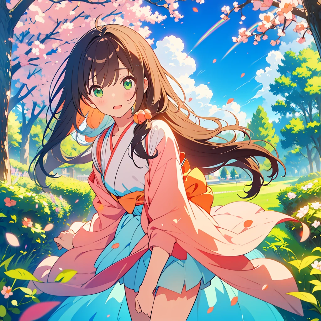 kawaii, anime, Cute, hyper quality, highly detailed, 8k, Clarity, dark brown long hair, green eyes, Stinking eyes, peek out one's face, leaning forward, upper body, Draw facial expressions in detail, upward glance, bite a peach, peach tree, heaven, Celestial maiden's robe, eat a peach with your mouth open, big peach tree, blue sky, a rainbow appears, eating movement, 	
