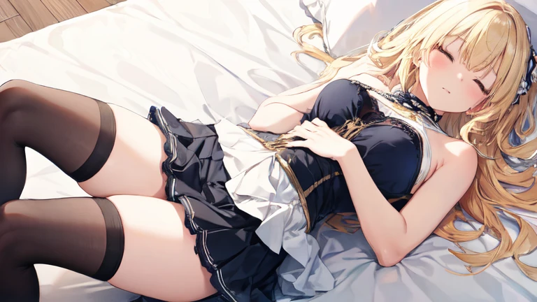 super high quality, Super detailed, one person, long blonde hair, sleep, Swimsuit, Clothes with intricate details, mini skirt, Stockings