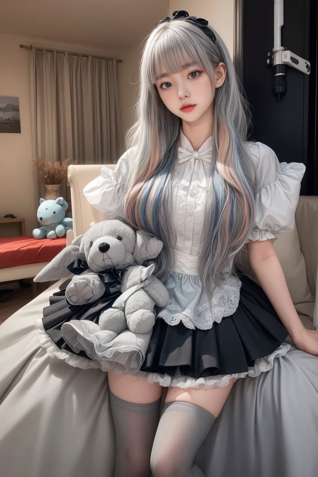 Mature Woman、Light blue hair、((Light grey hair))、(((Two-tone hair)))、Black Lolita dress with delicate light blue decoration、Slender women、Cute Woman、 8K Ultra HD,Detailed face、Delicate texture, Long Hair、(((Blunt bangs)))、(((Drill Hair)))、Tutu skirt、thigh length tights、short boots、((Oriental Lolita))、mini skirt、A room in a Western-style building、((Delicate photo))，(Girl Astepeace RAW Photo Details:1.25), (highest quality:1.6), (超A high resolution:1.5), (Realistic:1.75), 8K resolution, Canon EOS R5, 50mm, Absurd, Very detailed,Cinema Lighting、((stuffed toy:1.3))、Browsing Caution:1.5