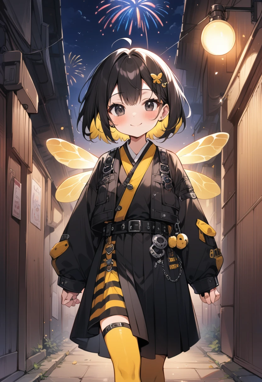 breathtalking Scenery, breathtalking Beauty, breathtalking Cute,scenery, (best quality, masterpiece:1.2), (ultra high quality:1.2),smooth soft skin, natural skin,watercolor,
BREAK
(hornet girl:1.4), bee girl,(little female child:1.3), (loli:1.3),6 years old, kawaii,baby face,tsurime, small breast, Phat ass,ultra cute face,oily skin, (bee antennae:1.3), (PVC material Extremely small bee wings:1.1), (bee wings:1.1),symmetry bee wings, puffy eyes,smile,
BREAK 
(black hair:1.3),(black eyes:1.2),(yellow dip-dye hair:1.3),(yellow inner hair:1.1),short hair,ahoge, slanted eyes, (highlight on eyes:1.1),(nail_polish:1.1), peacesign,
BREAK
(Japanese Style Coordination:1.1),belt buckle,(punk fashion:1.1), (punk hair:1.1), (lots of accessories:1.2), kimono inspired punk rock,hakama inspired punk rock,layer of clothes,(yellow striped black stockings:1.1),pierce,chain accessory,punk rock, 
BREAK
fropm behind,behind shot,walking,facing viewer,Alley,fireworks,fireworks background,night,steam light effect,cinematic shadows,light sparkles,(blush:1.2),Confetti,Twinkle Star,smile,dust particles,dynamicangle,kawaii,outdoors,
