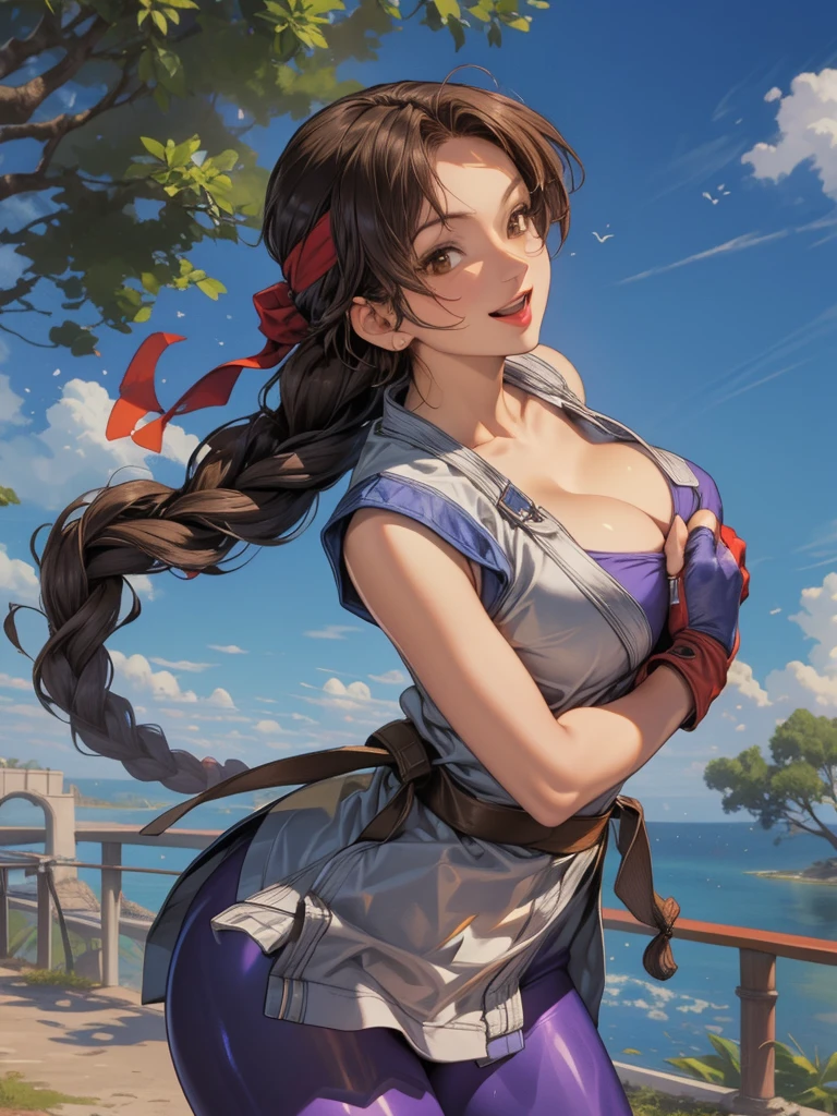 perfect eyes:1.2, detailed eyes:1.4, yurims, headband, blue pantyhose, braided ponytail, brown hair, brown eyes, smile, open mouth, dougi, spandex, gloves, fingerless gloves, leggings, cowboy shot, 1girl, solo, (masterpiece:1.6, best quality), 8k, insane details, intricate details, hyperdetailed, hyper quality, high detail, ultra detailed, professional, HDR, ray tracing reflection, cinematic lighting,