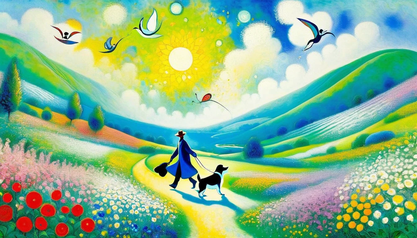 A man and a cute puppy、Enjoying a wonderful spring outing surrounded by beautiful flowers and nature。 ((Marc Chagall style)), The simple art of magic, primitivism, Protogene,((Highest quality, masterpiece)),
(Higher detail), Impressionism:1.1, 8k