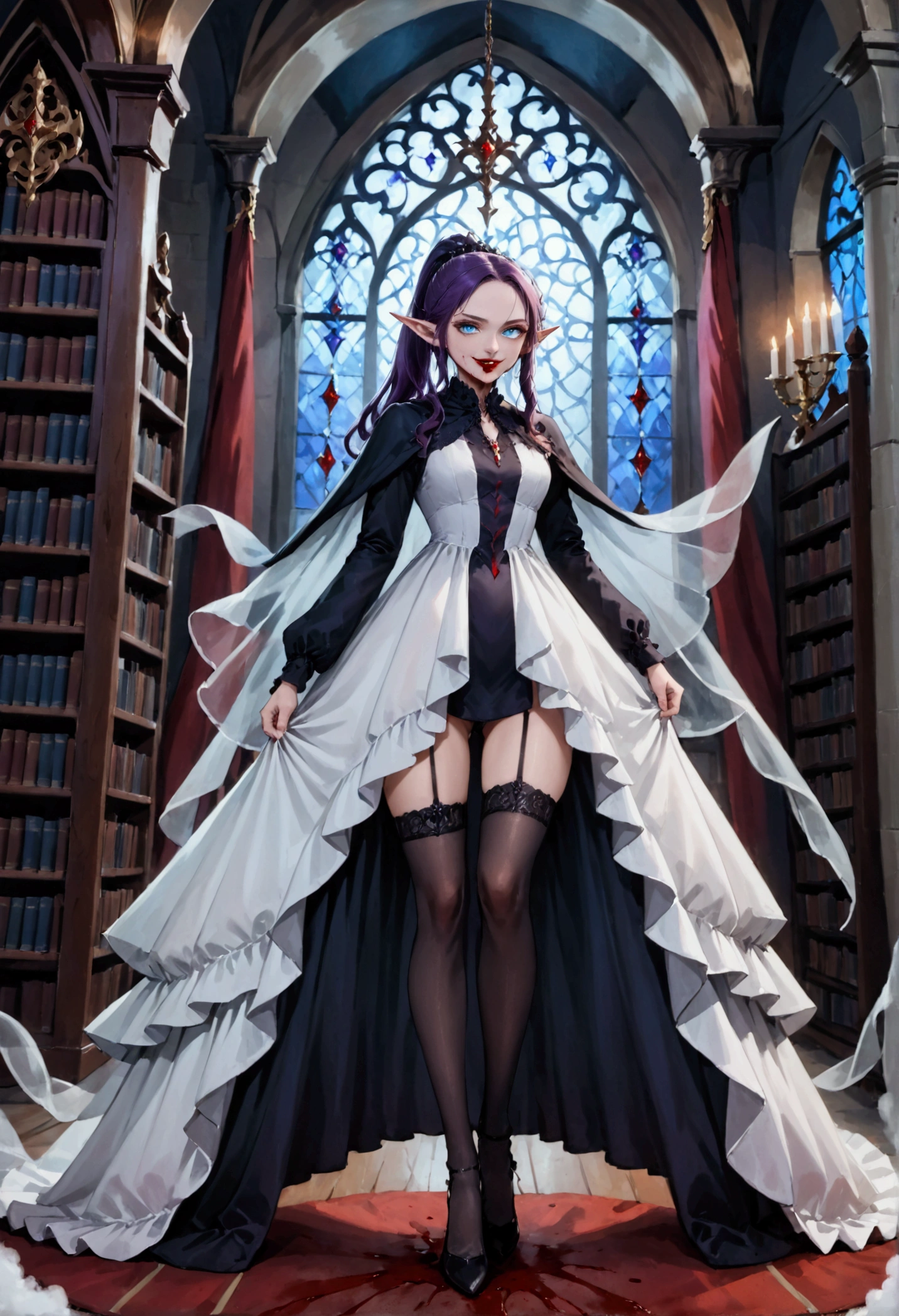 arafed a picture of elf vampire in her castle. an exquisite beautiful female elf vampire (ultra details, Masterpiece, best quality), full body, ((anatomically correct: 1.5) bloody mouth, purple hair, pale skin, hair in a ponytail, long hair, blue eyes, (small pointed ears: 1.2), cold eyes, smirking, wearing white dress (ultra details, Masterpiece, best quality), red cloak, wearing high heels, in dark fantasy library, book shelves, vibrant, Ultra-high resolution, High Contrast, (masterpiece:1.5), highest quality, Best aesthetics), best details, best quality, highres, ultra wide angle, 16k, [ultra detailed], masterpiece, best quality, (extremely detailed) RAW, dark fantasy art, gothic art, wearing Haute_Couture designer dress, Dark Novel, Dark Art Painting Style, dripping blood, hud_s1n, short black dress, long sleeves, veil, thighhighs, digital painting