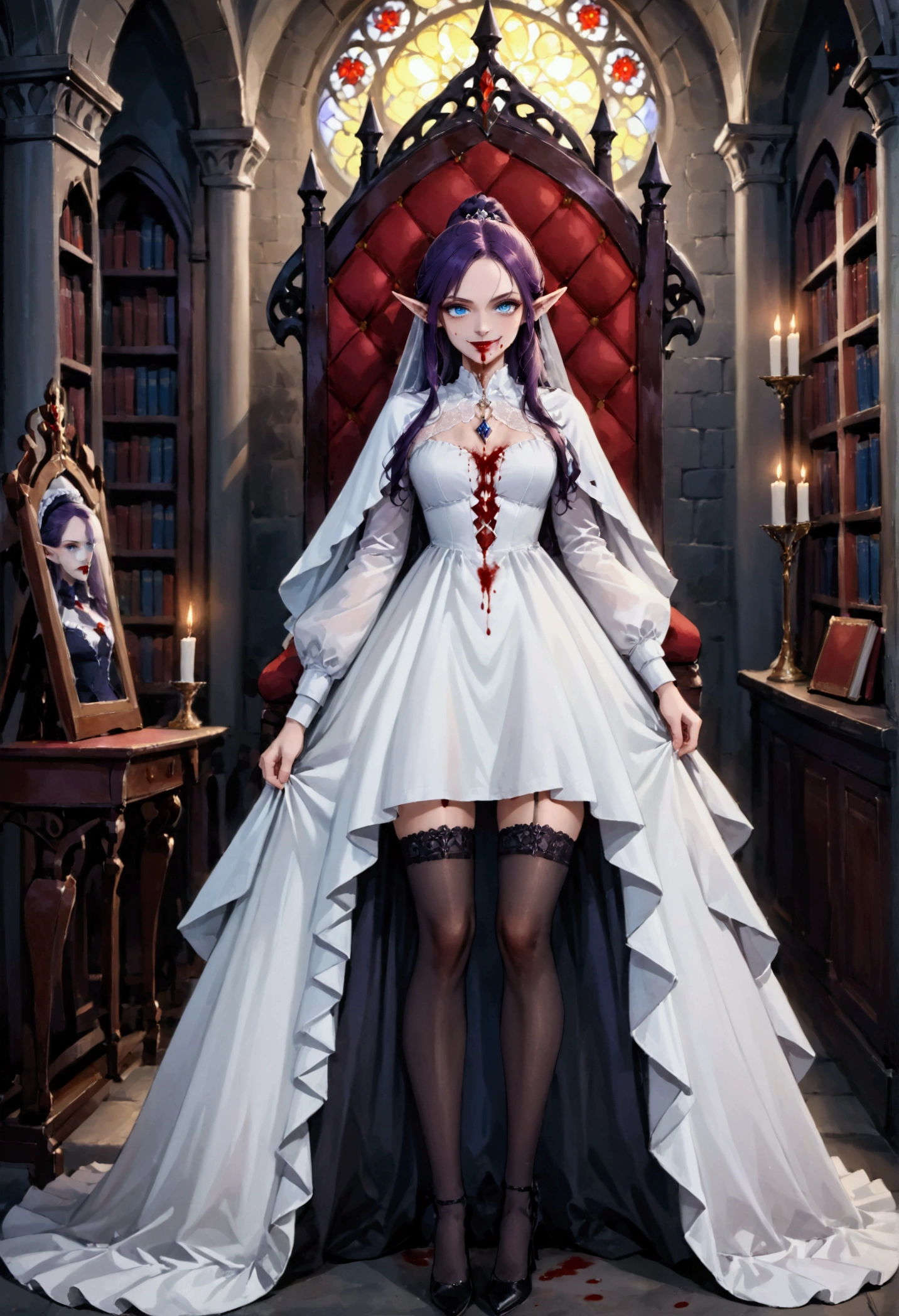 arafed a picture of elf vampire in her castle. an exquisite beautiful female elf vampire (ultra details, Masterpiece, best quality), full body, ((anatomically correct: 1.5) bloody mouth, purple hair, pale skin, hair in a ponytail, long hair, blue eyes, (small pointed ears: 1.2), cold eyes, smirking, wearing white dress (ultra details, Masterpiece, best quality), red cloak, wearing high heels, in dark fantasy library, book shelves, vibrant, Ultra-high resolution, High Contrast, (masterpiece:1.5), highest quality, Best aesthetics), best details, best quality, highres, ultra wide angle, 16k, [ultra detailed], masterpiece, best quality, (extremely detailed) RAW, dark fantasy art, gothic art, wearing Haute_Couture designer dress, Dark Novel, Dark Art Painting Style, dripping blood, hud_s1n, short black dress, long sleeves, veil, thighhighs, digital painting