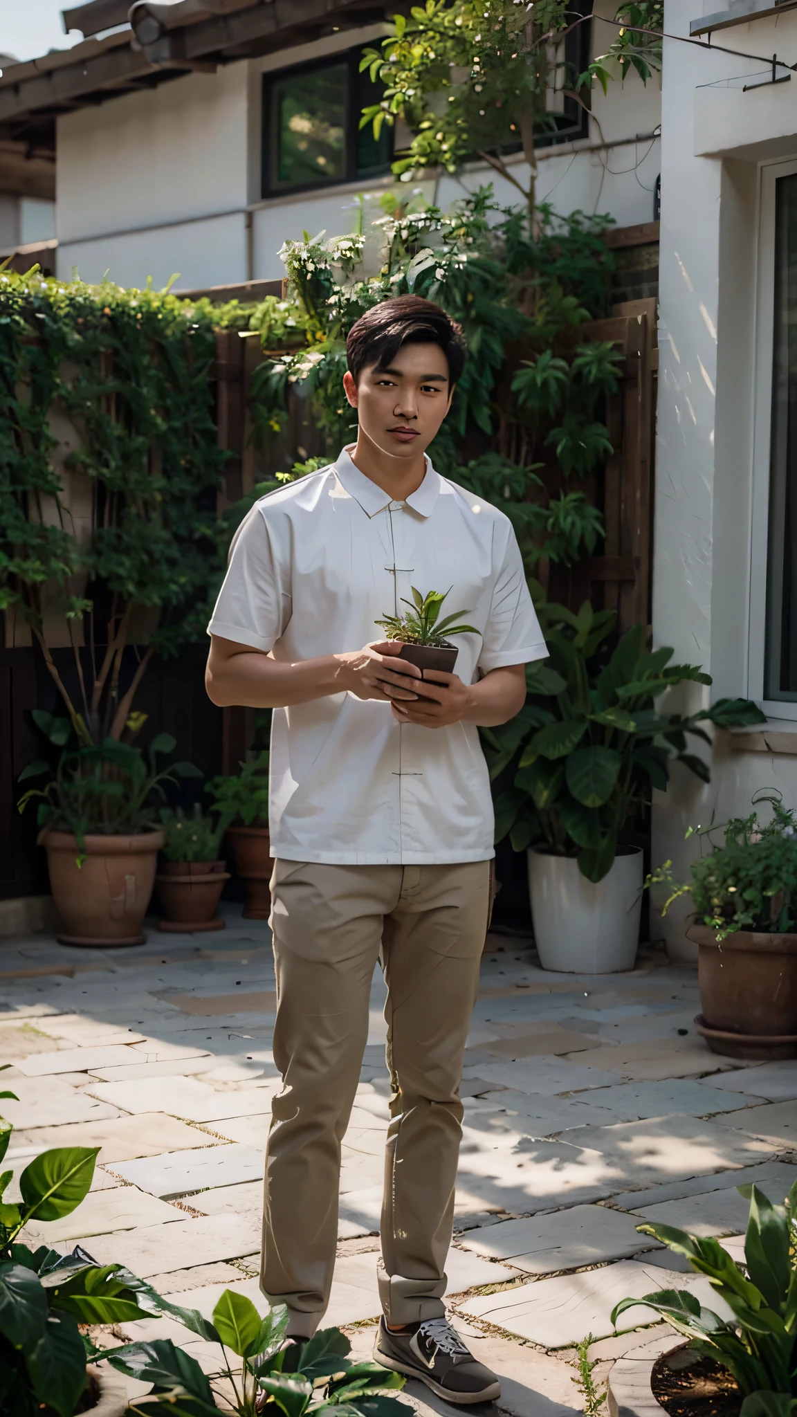 Realistic photography, 8k , handsome young chinese man , watering the plant
