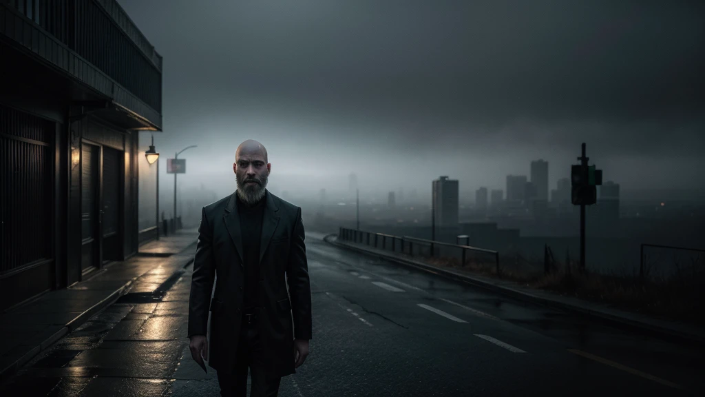 a bald white man with a beard, distant in the image, walking alone in an empty and dark city, portrait, photorealistic, cinematic lighting, moody atmosphere, dramatic shadows, urban environment, gritty details, realistic textures, muted color palette, atmospheric fog, sense of isolation, melancholy mood, cinematic composition, masterpiece, best quality, 4k, 8k, highres