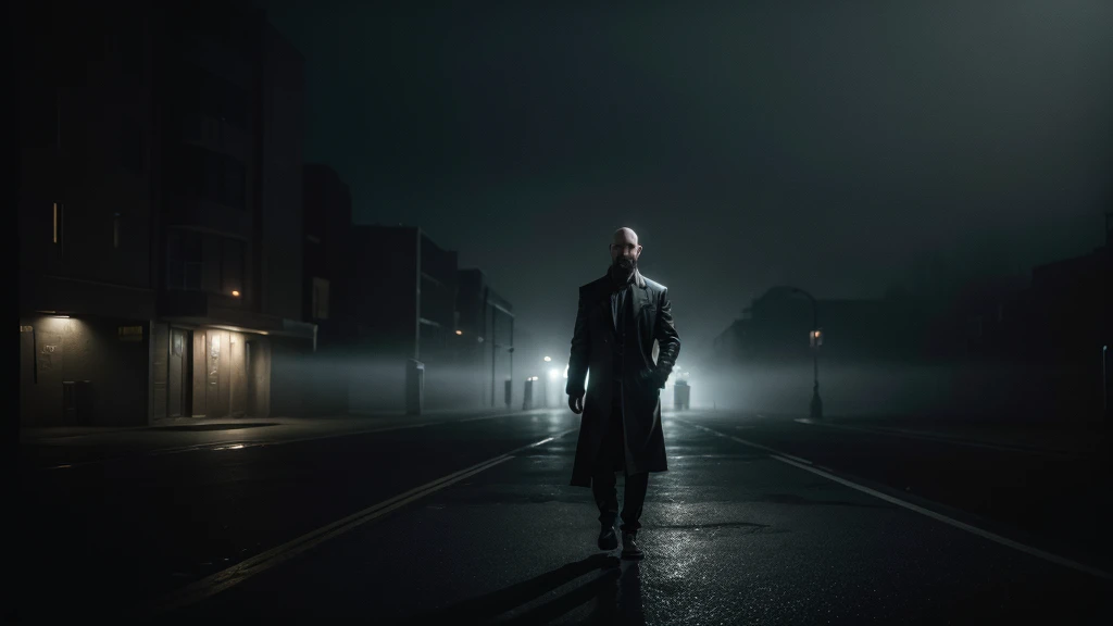 a bald white man with a beard, distant in the image, walking alone in an empty and dark city, portrait, photorealistic, cinematic lighting, moody atmosphere, dramatic shadows, urban environment, gritty details, realistic textures, muted color palette, atmospheric fog, sense of isolation, melancholy mood, cinematic composition, masterpiece, best quality, 4k, 8k, highres