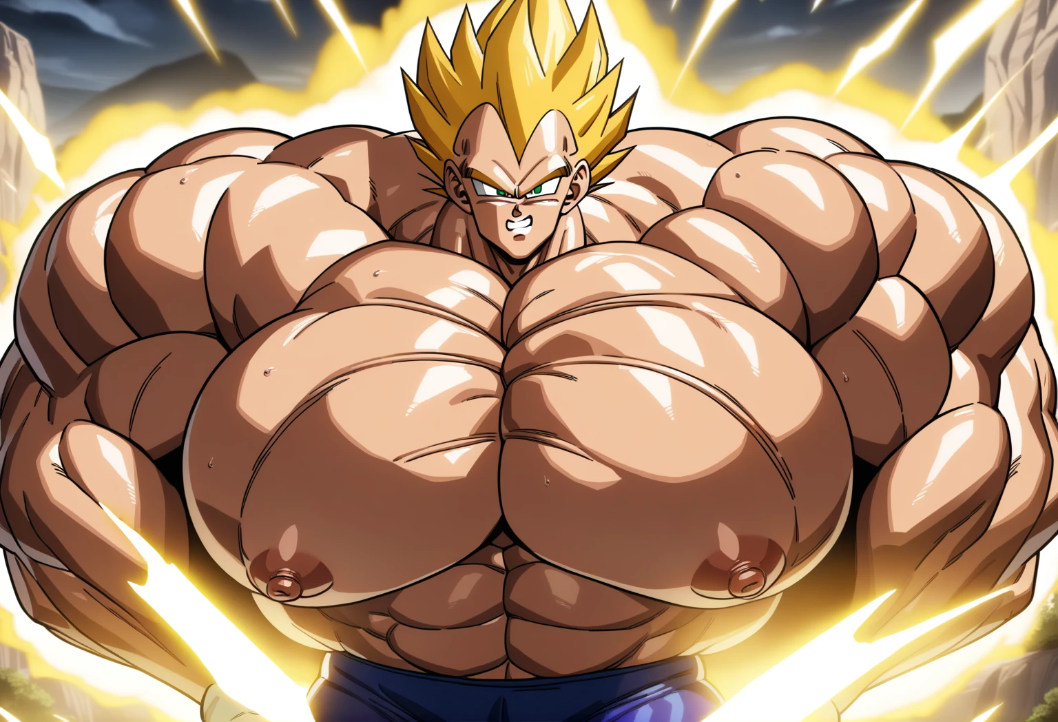 1boy, Vegeta, from Dragon Ball Z, masterpiece, best quality, very aesthetic, absurdres, saiyan, green eyes, spiked hair, (yellow hair:1.5), shirtless, blue skintight pants, white gloves, (huge muscles:2.5), dragonballartstyle, in the style of Akira Toriyama, white tiled floor, outdoors, flat-top mountains, nipples, yellow aura, electricity