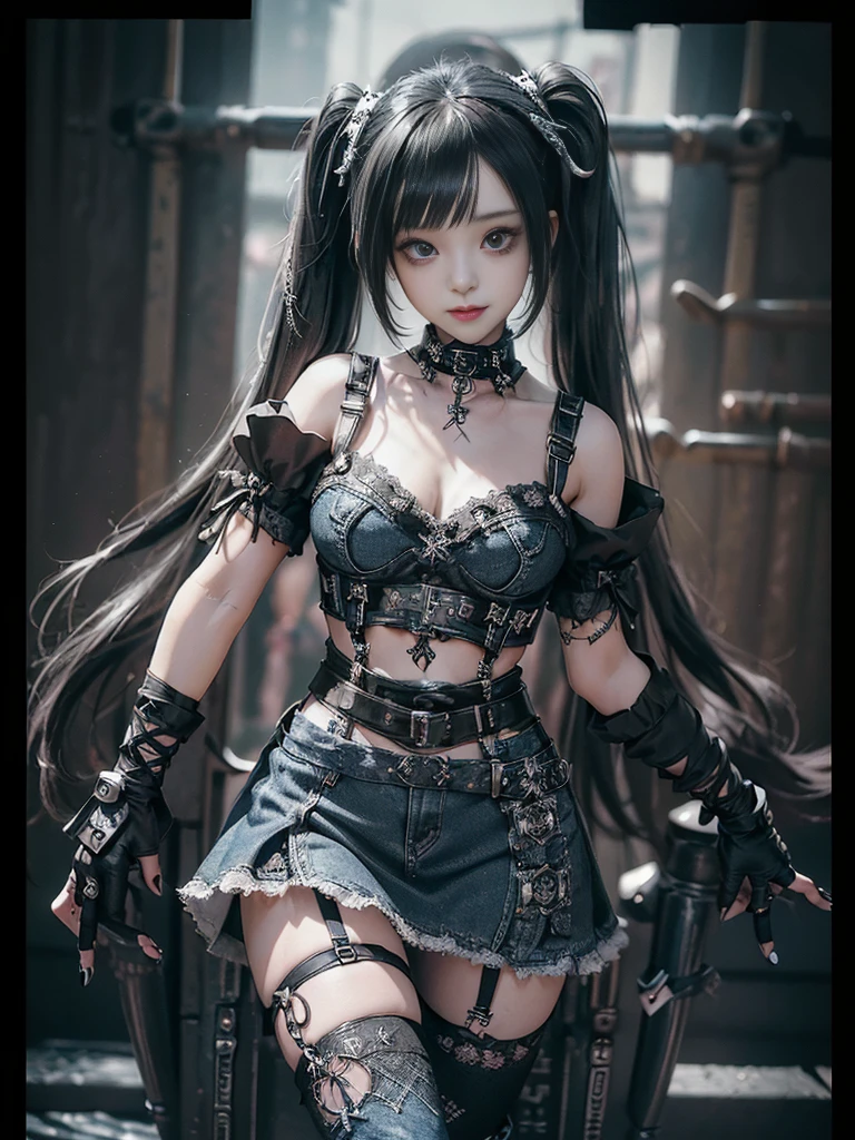 (Smiling with teeth showing:1.3),(Shibuya Gal:1.5)、(Beautiful:1.3)、(Gothic ta style fashion:1.5)、(Punk RockVisual Kei:1.4)、(Denim and black and white medieval noble mini skirt dress:1.5)、(Denim with black and white medieval gloves and bustier:1.5)、(Denim high heels:1.3)、(Wearing silver accessories:1.5)、(Denim collar:1.4)、(Black Leather Garter Belt:1.4)、(Brown Skin Belt:1.3)、(Black lace underwear:1.5)、30 years old、NSFW、((Highest quality、In 8K、masterpiece:1.3))、Sharp focus:1.2、(Layered Cut、Huge boobs:1.1),Beautiful woman with perfect figure:1.4、(Dancing vigorously:1.3)、Slender Abs:1.2、Highly detailed face and skin texture、Detailed eyes、double eyelid,(Twin tails:1.3)、(Black brown hair:1.3)、Gravure idol、(The background is the Takarazuka Revue stage.:1.3)、(Slim Body:1.2),(Make your legs thinner:1.4),(clavicle:1.1)
